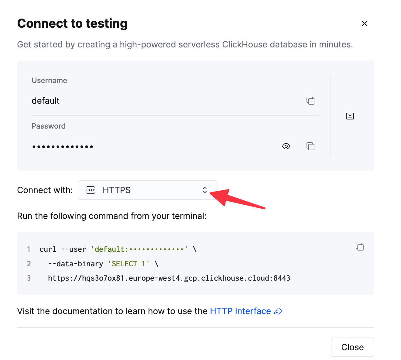Detalles de conexión HTTPS de ClickHouse Cloud