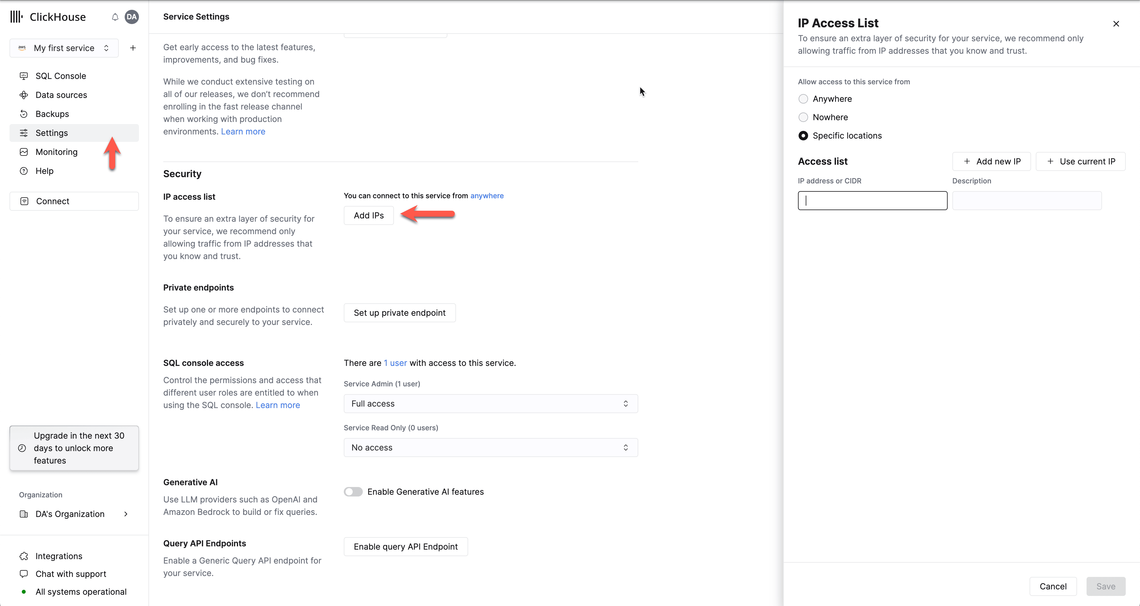 Comprueba si el servicio permite tráfico desde tu dirección IP en la IP Access List