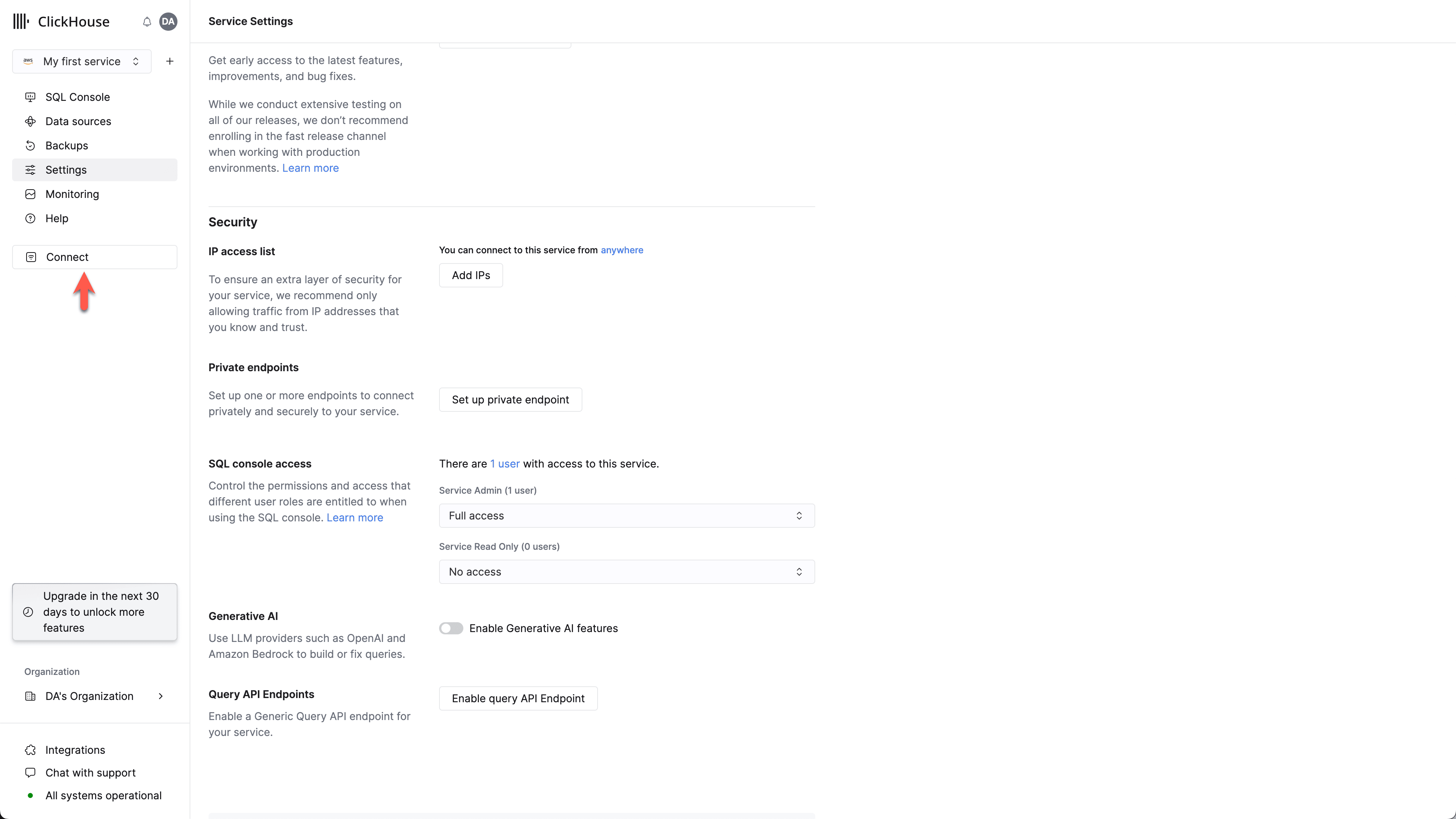 Pantalla de conexión del servicio de ClickHouse Cloud con la opción Connect resaltada