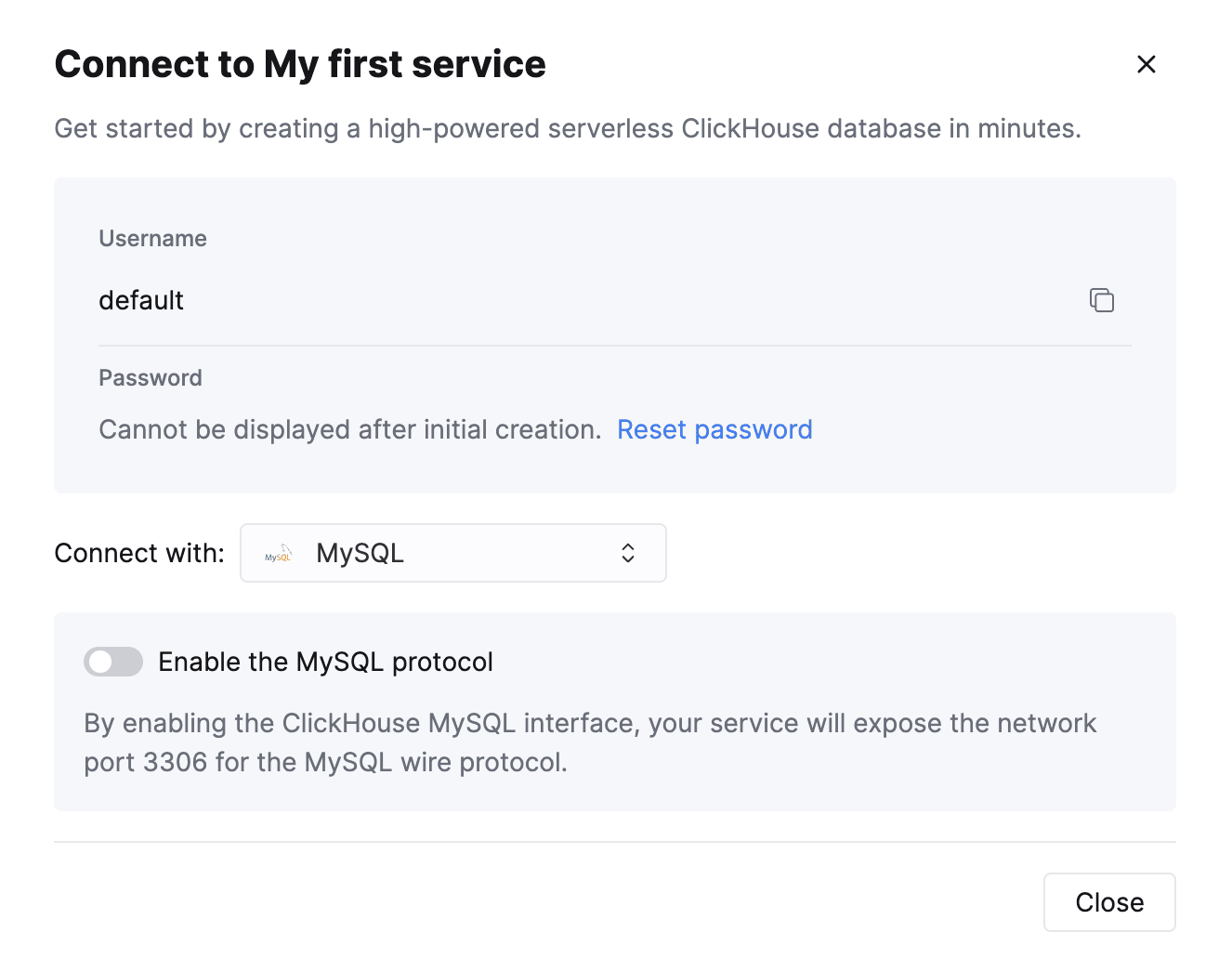 Pantalla de conexión de ClickHouse Cloud que muestra la selección de la opción MySQL