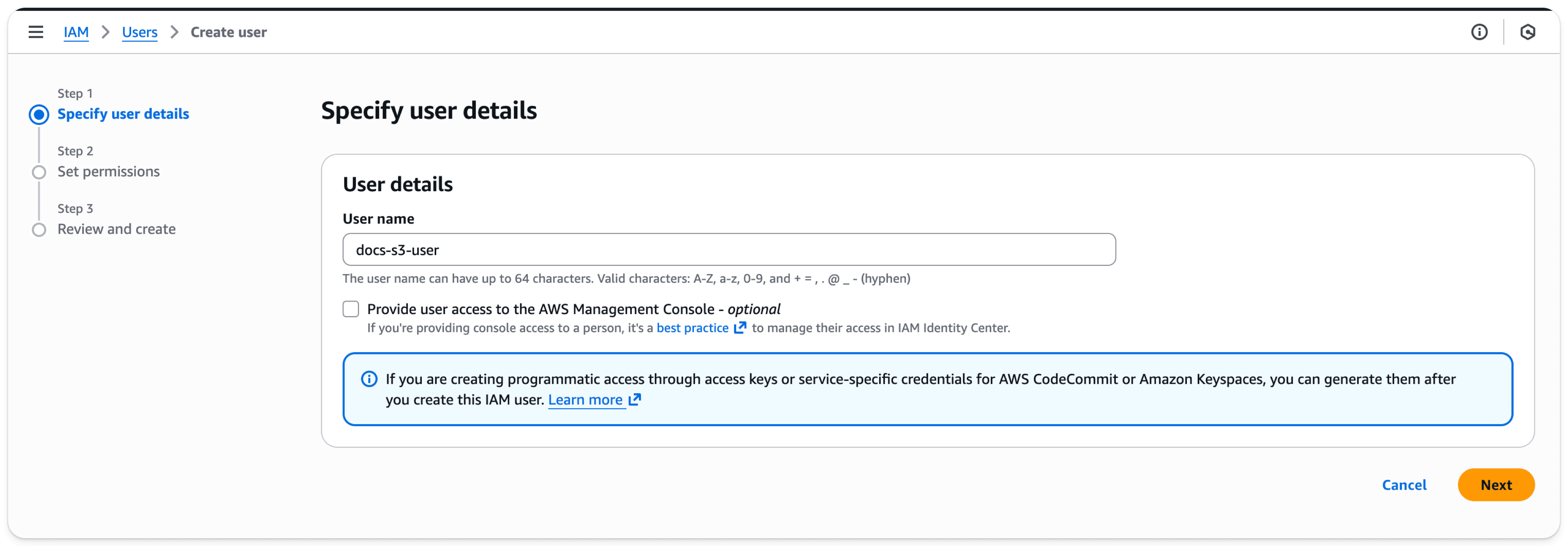 Consola de administración de AWS IAM - Añadir un nuevo usuario