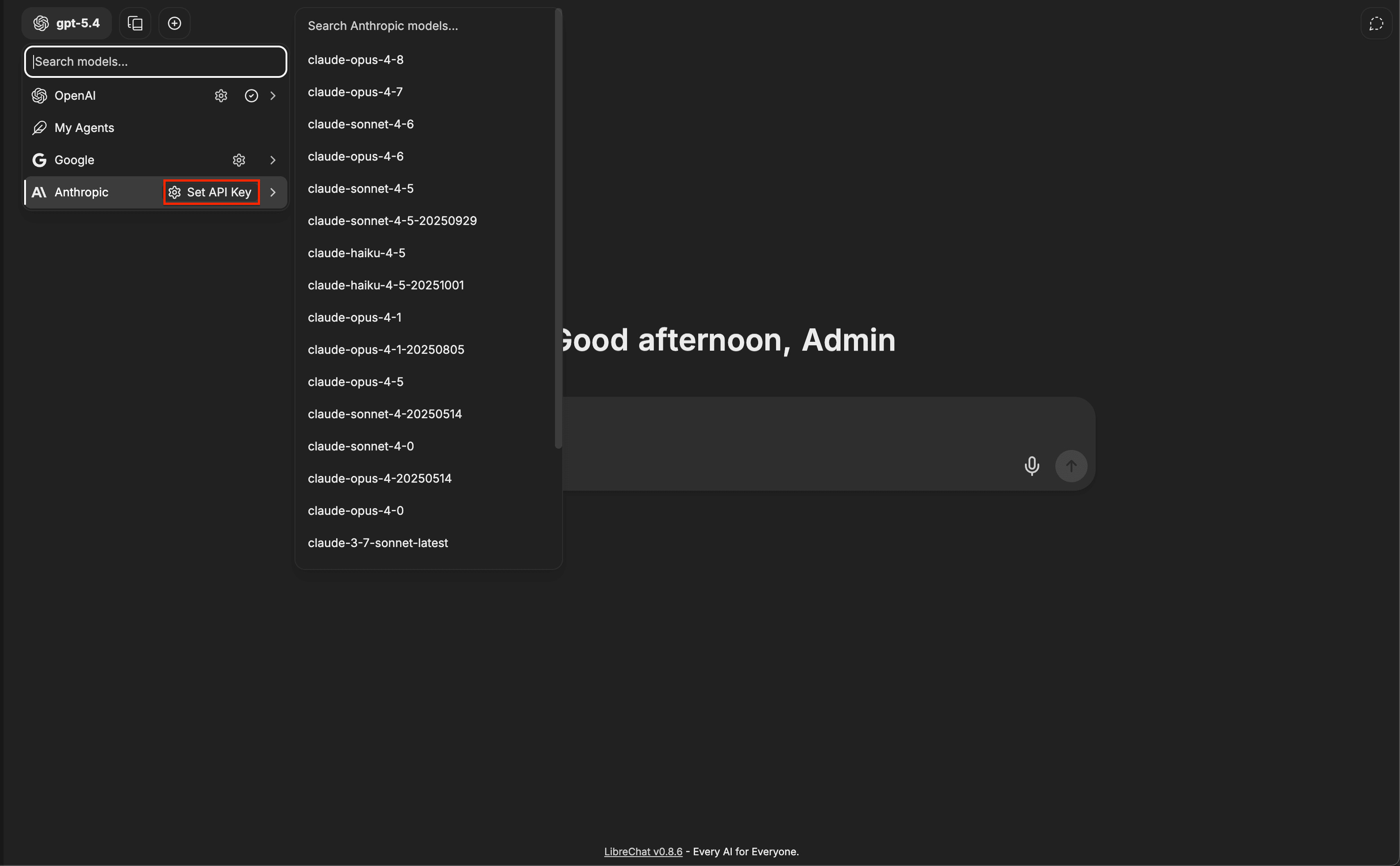 Seletor de modelos do LibreChat com o botão Set API Key ao lado do provedor Anthropic