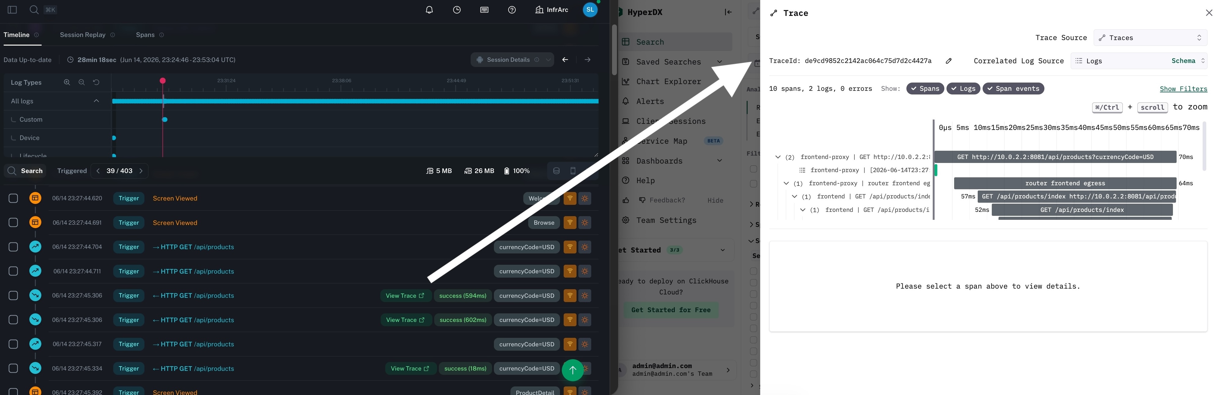 ClickStack UI の分散トレースにリンクする bitdrift トレース
