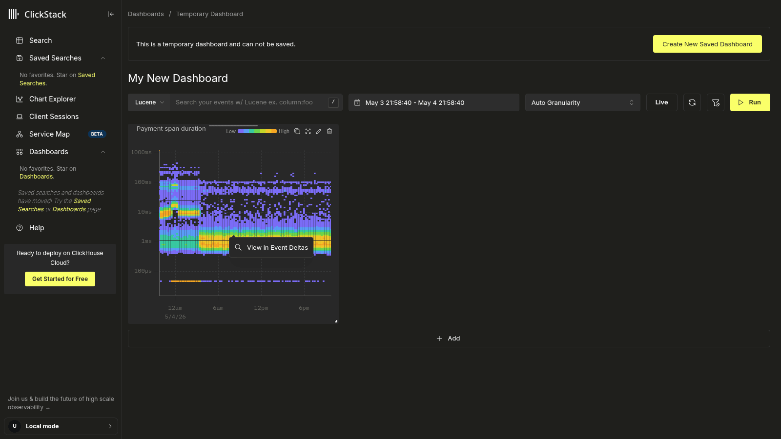 Щелчок по ячейке тепловой карты открывает действие View in Event Deltas