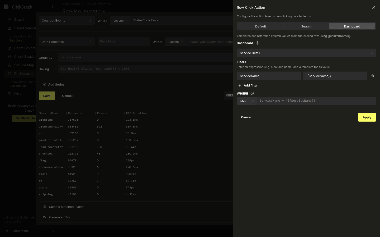 Panneau Row Click Action en mode Dashboard, avec le tableau de bord Service Detail sélectionné comme cible et un filtre ServiceName généré à partir de la ligne cliquée