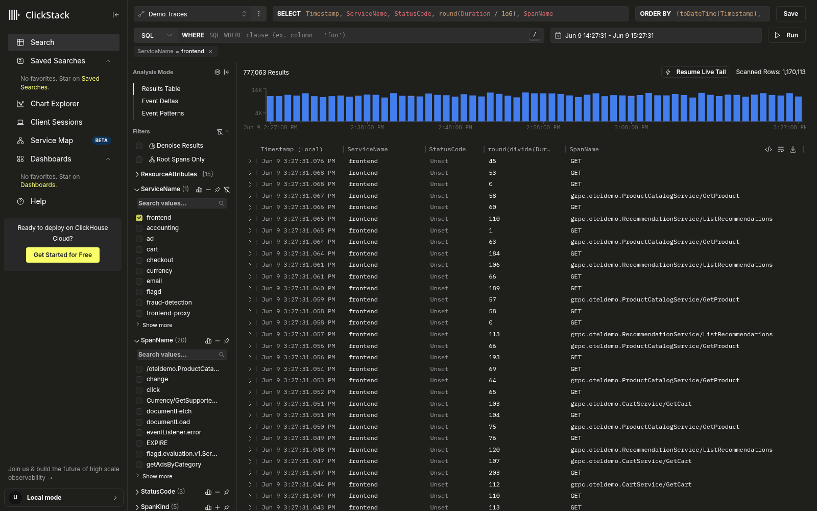 Page Search ouverte sur la source de traces après un clic sur une ligne, filtrée sur le service sélectionné