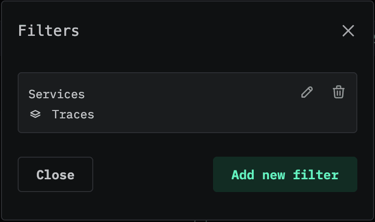 Модальное окно Filters с настроенным фильтром Services