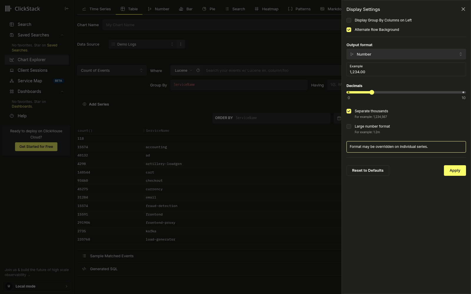 Выдвижная панель Display Settings для плитки-таблицы с включённым параметром Alternate Row Background