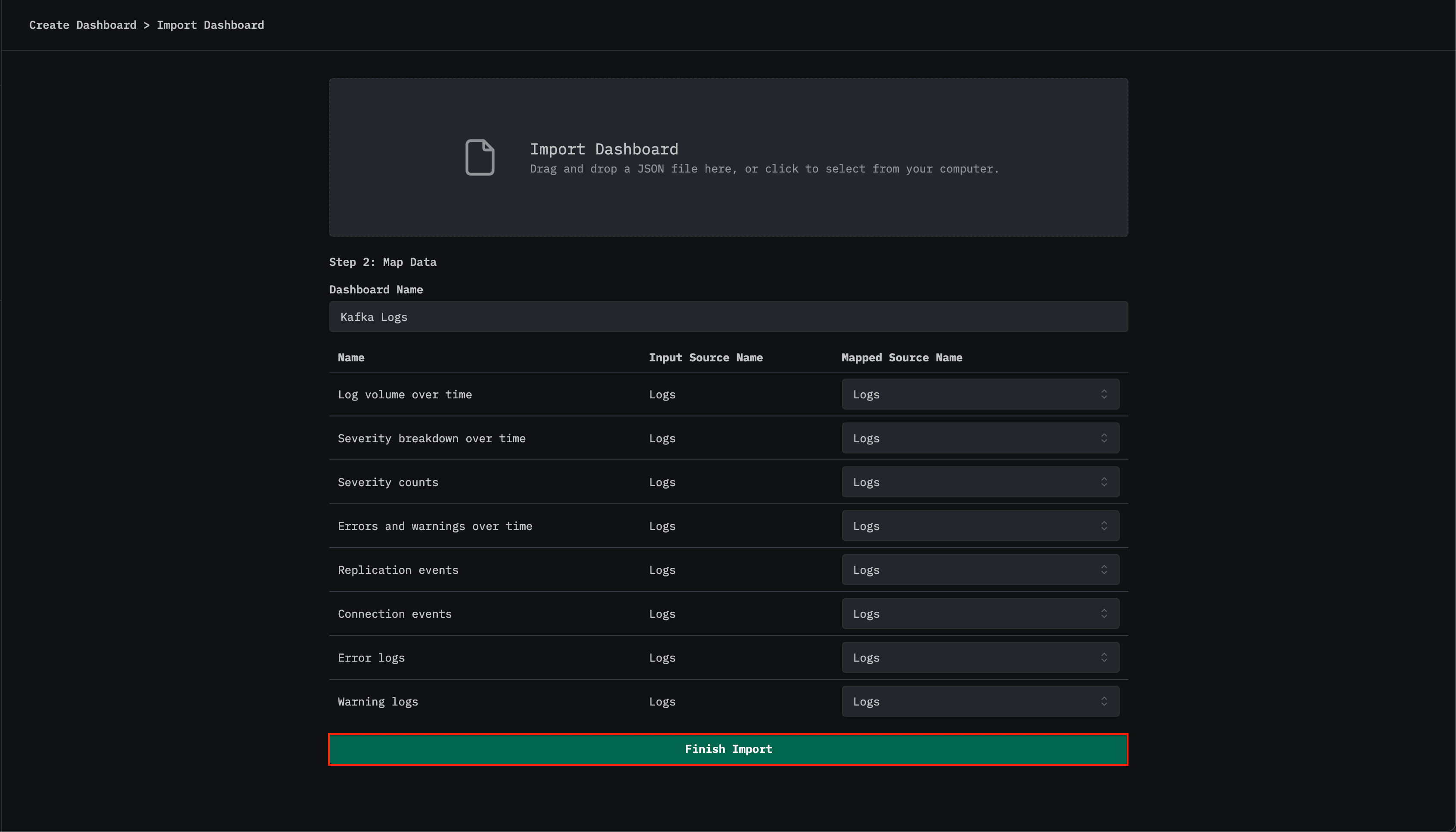 Finalizar la importación del dashboard de logs de Kafka
