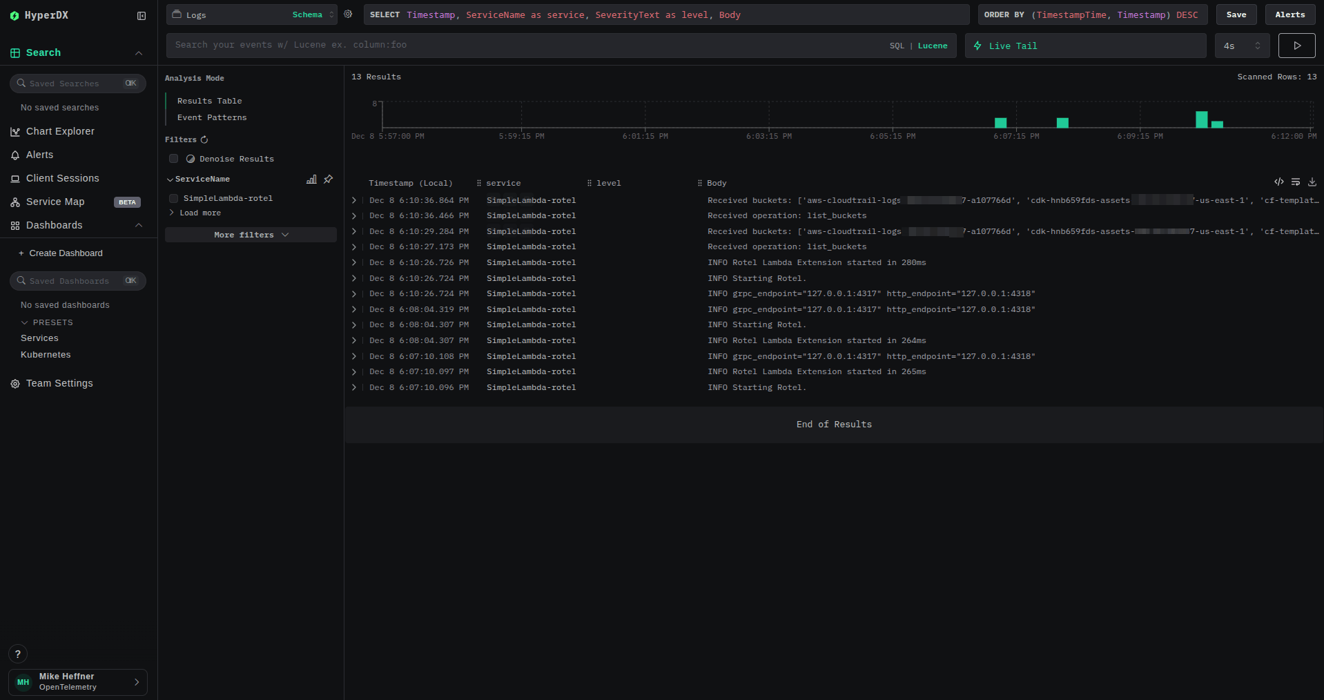 Vista de logs de Lambda