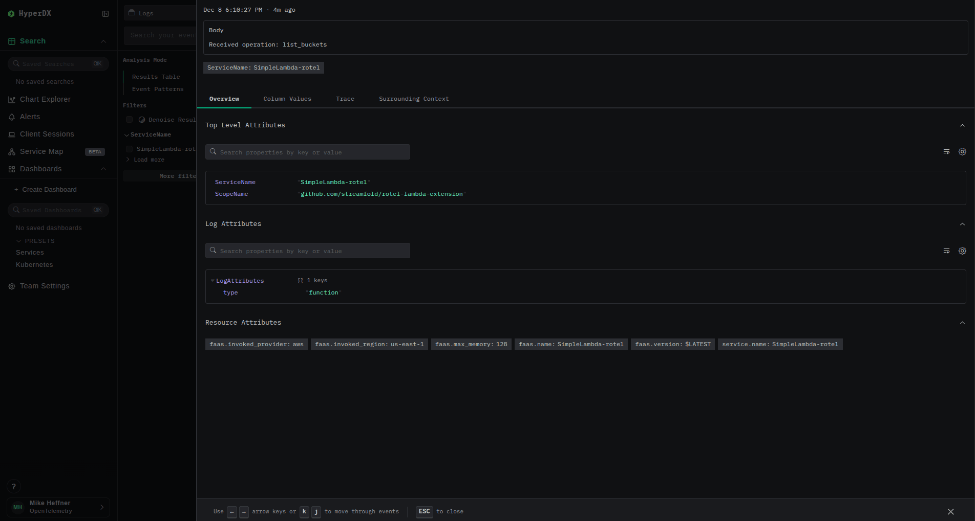 Detalle del log de Lambda