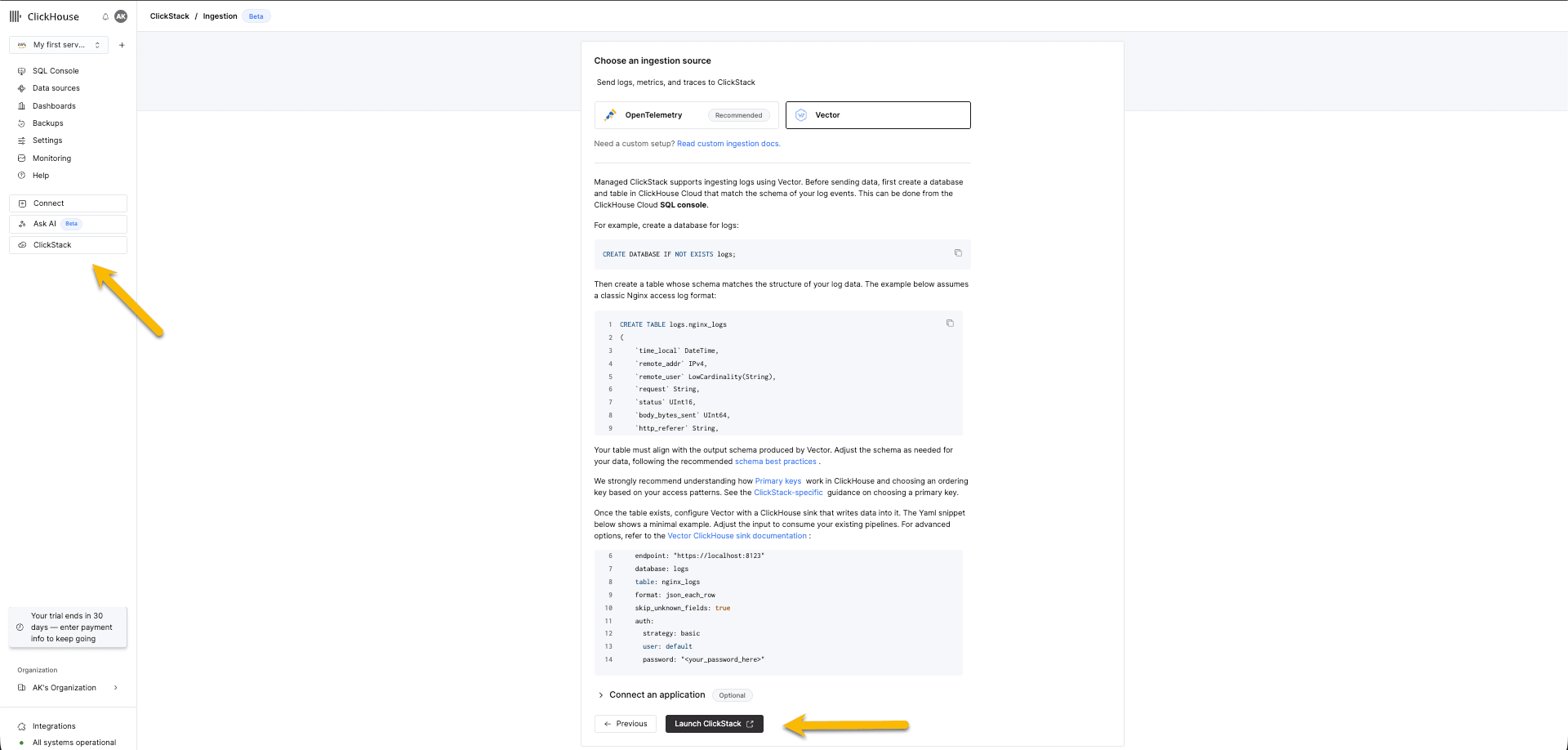 Iniciar ClickStack para Vector