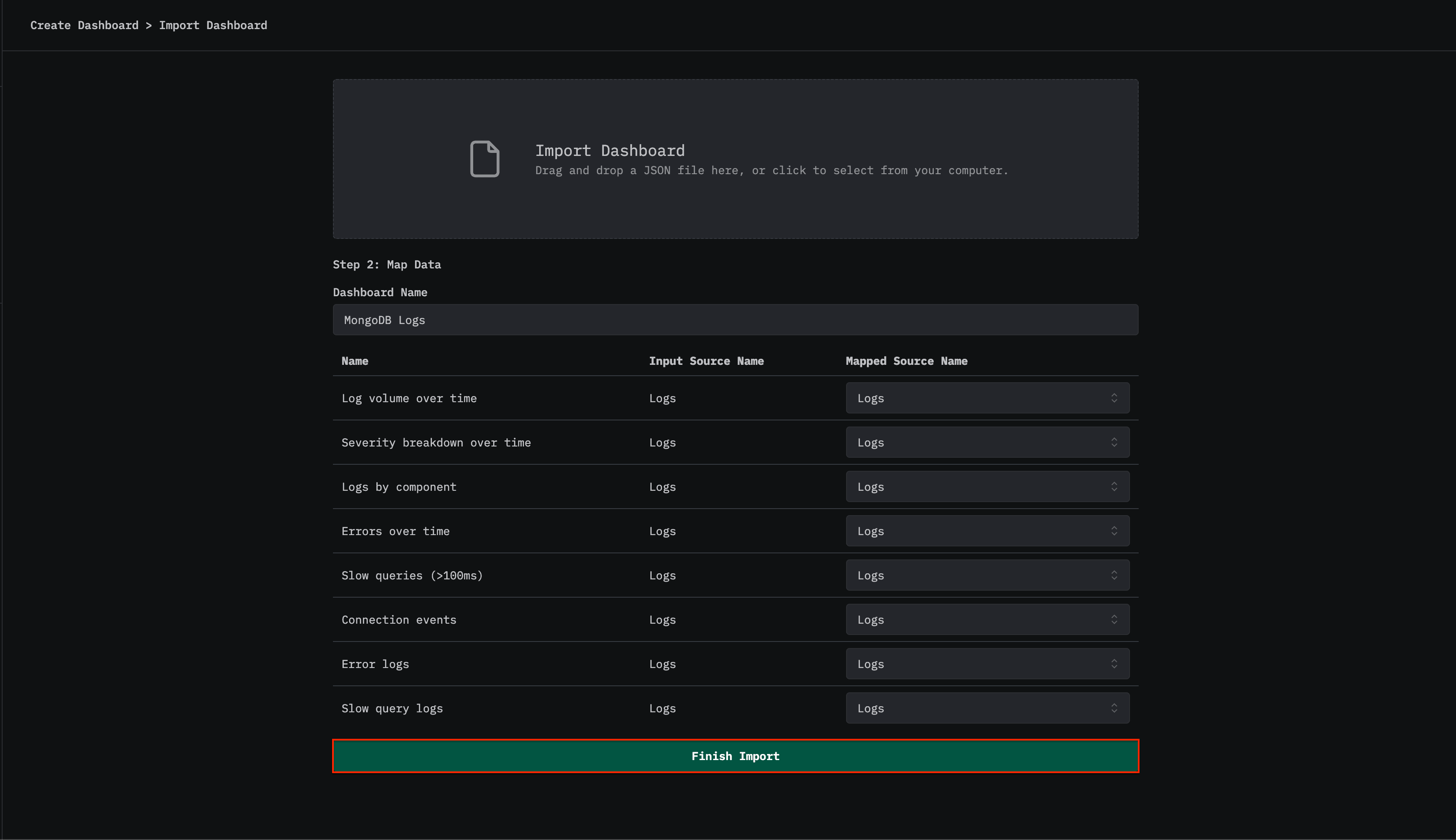 Finalizar la importación del dashboard de logs de MongoDB