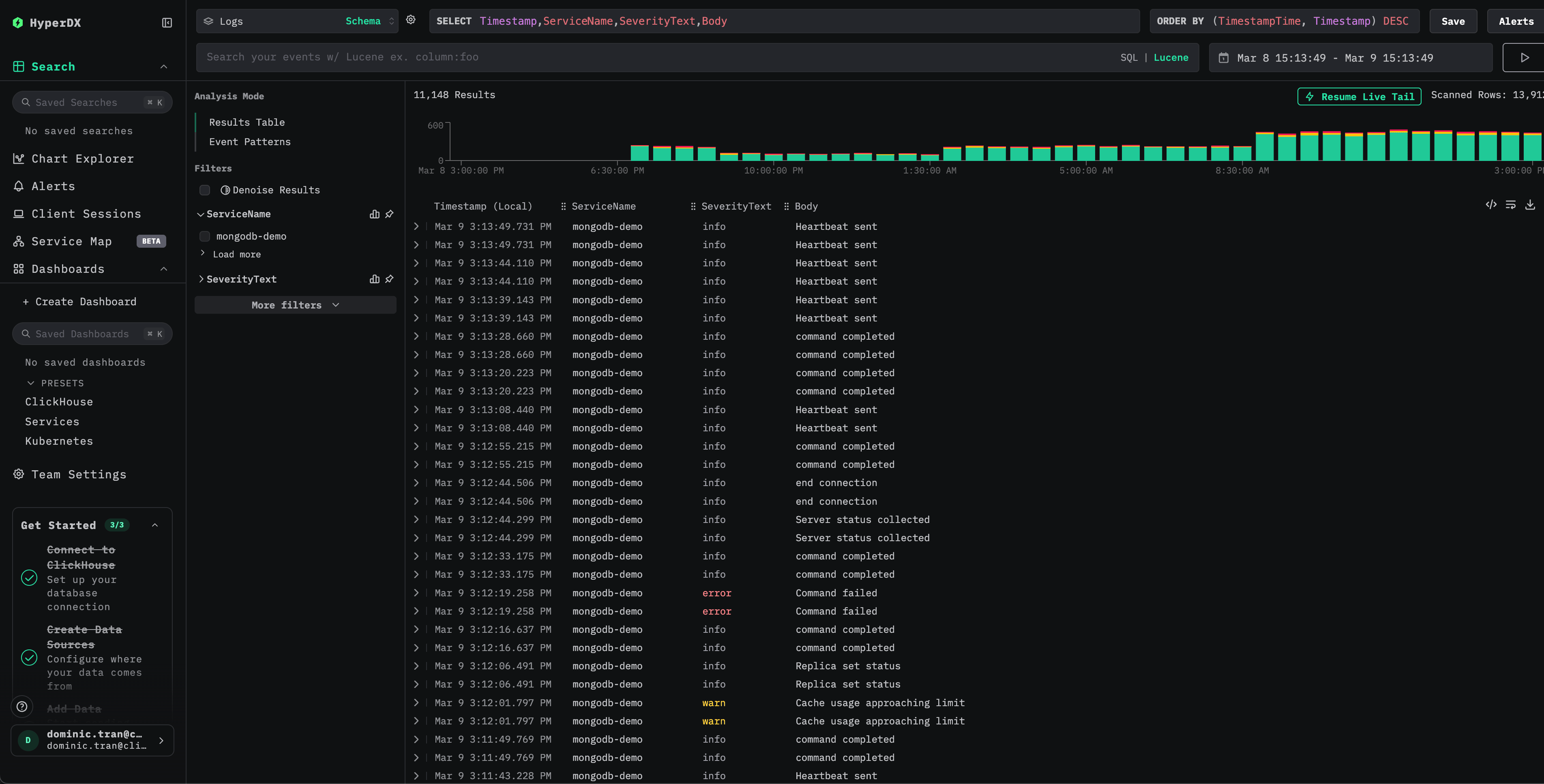 Vista de búsqueda de logs de MongoDB