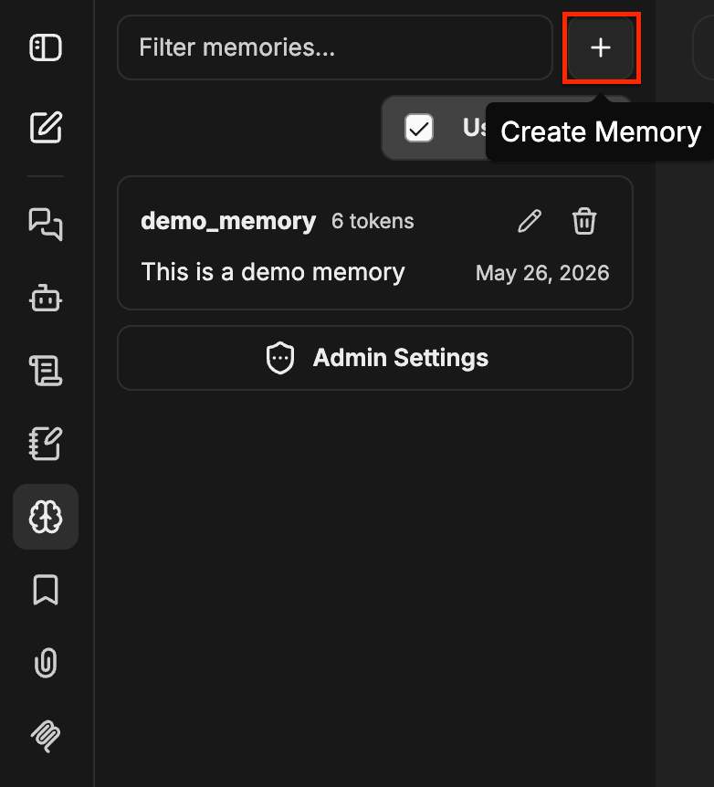 Panel de Memory con el botón + de Create Memory resaltado