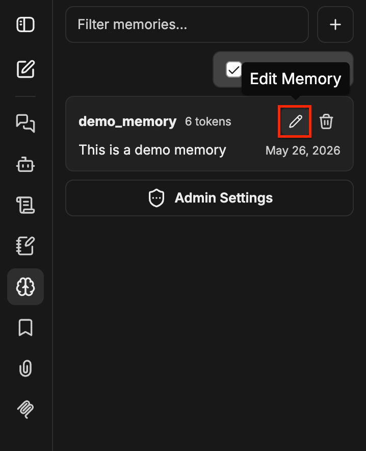 Entrada de memoria con el icono de lápiz de Edit Memory resaltado