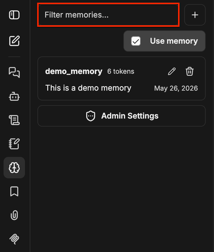 Panel de Memory con el campo Filtrar memorias resaltado y 'demo' escrito