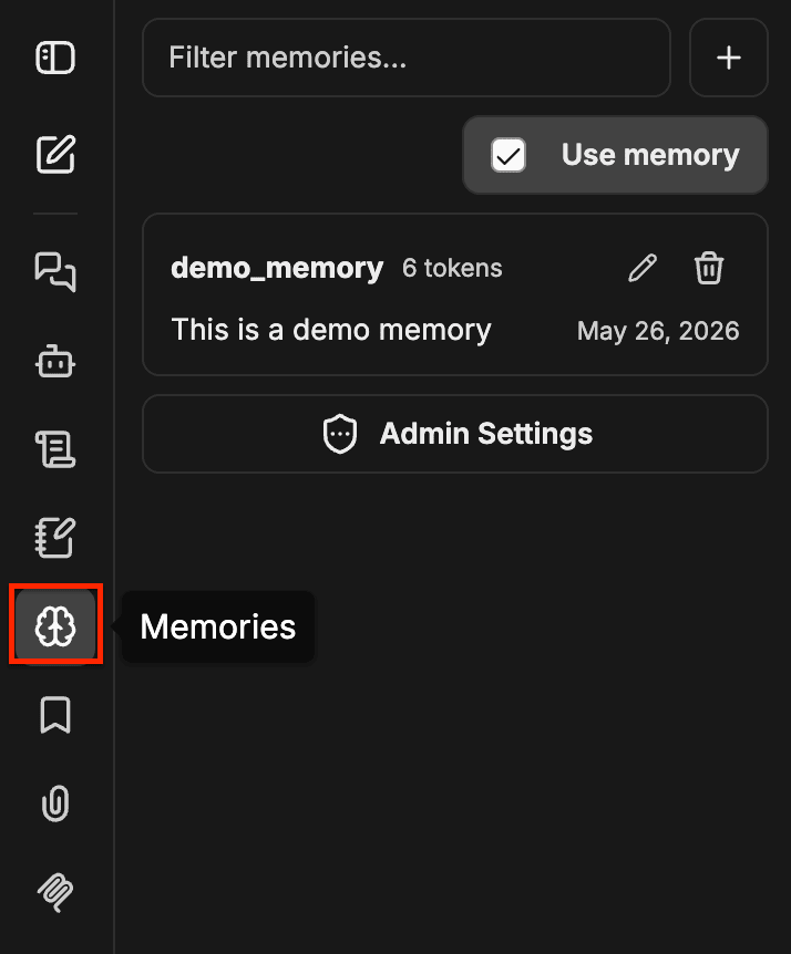 Panel Memories con el icono de cerebro resaltado en la navegación izquierda, un campo de filtro, un botón Add, una casilla Use memory, una entrada de Memory con controles para editar y eliminar, y un botón Admin Settings