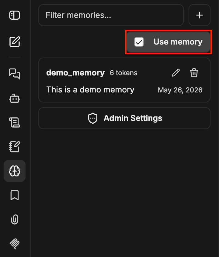 Panel de Memory con la casilla Use memory resaltada en la parte superior