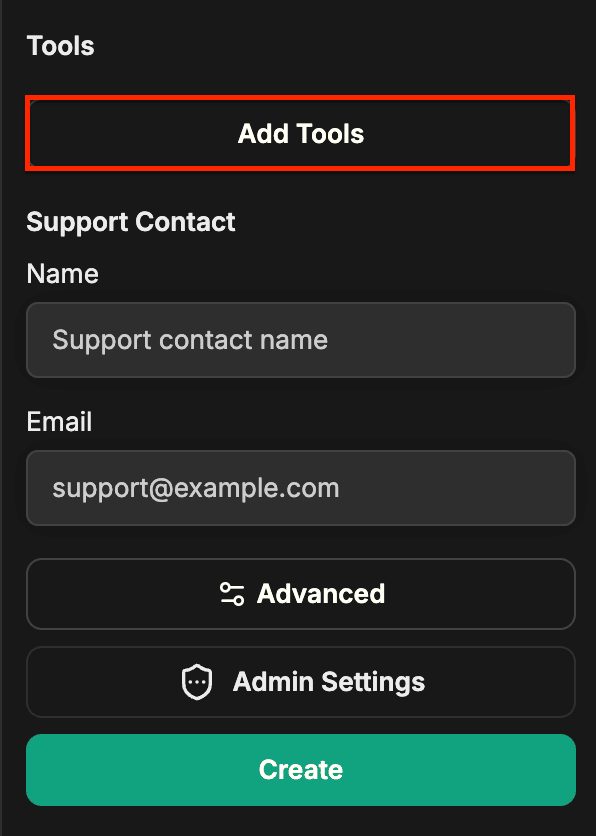 الجزء السفلي من لوحة Agent Builder مع تمييز زر Add Tools