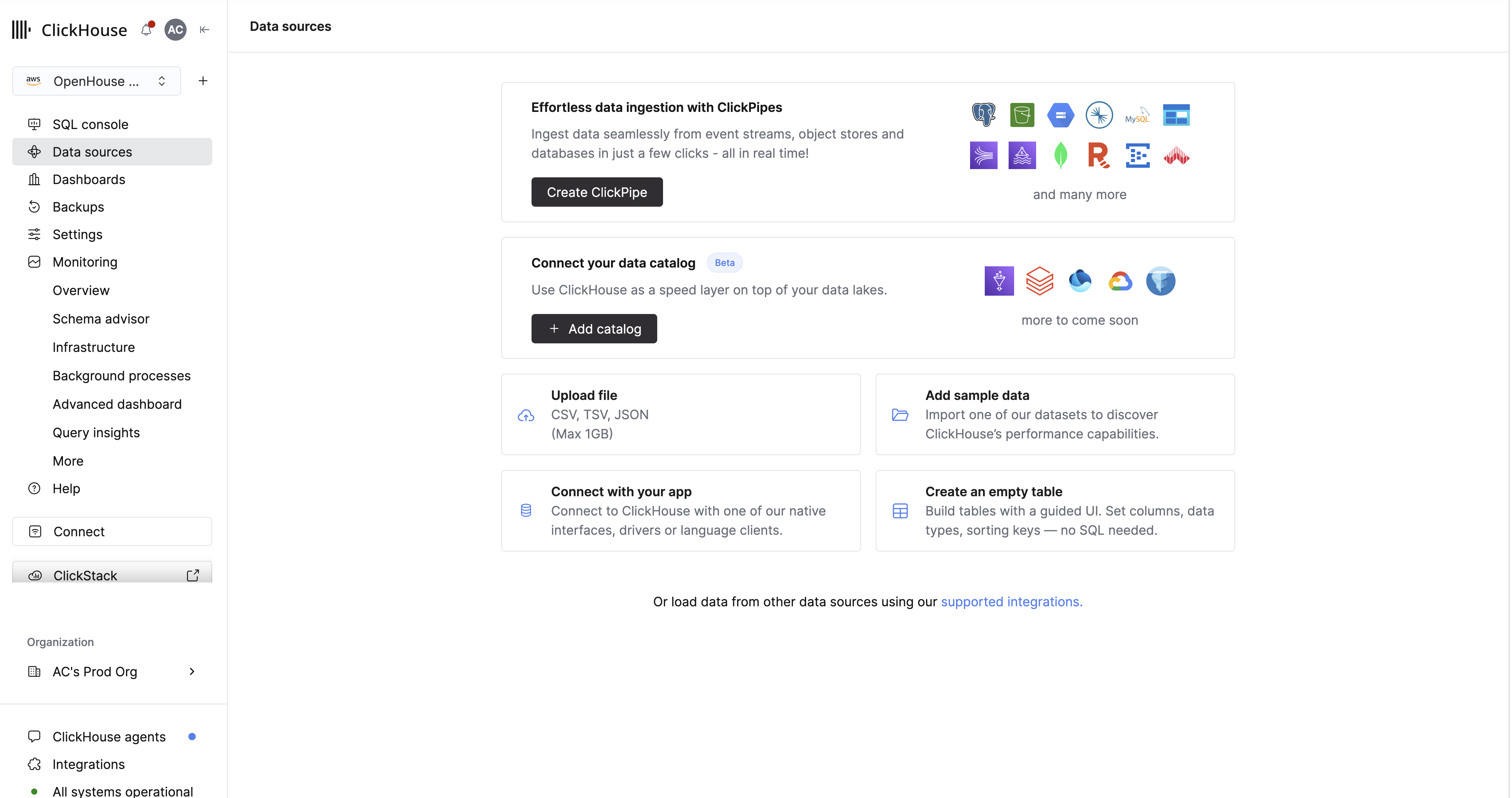 Interfaz de usuario de ClickHouse Cloud con integraciones de catálogos de datos