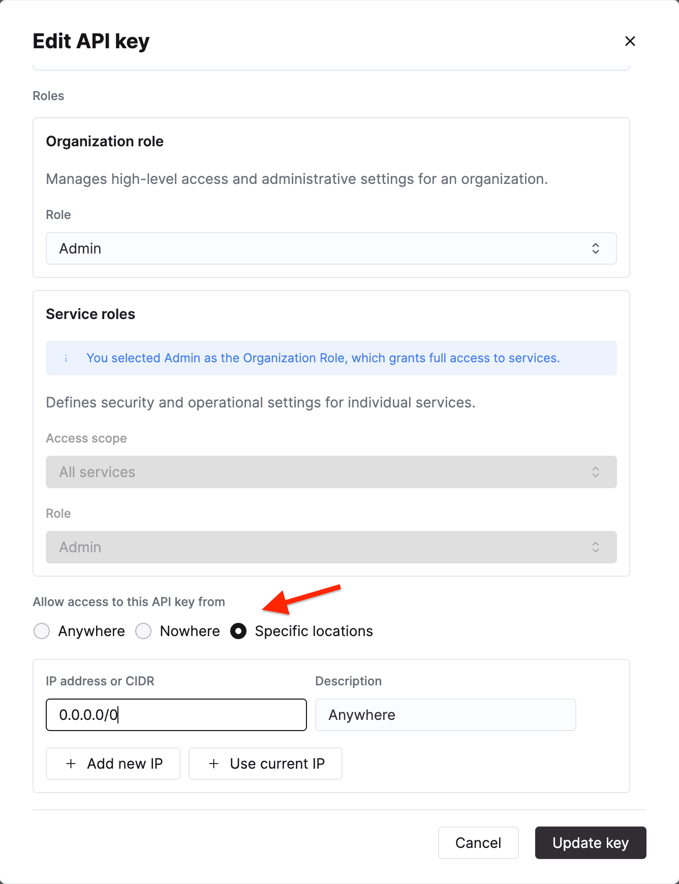 Direcciones IP permitidas configuradas para una clave de API