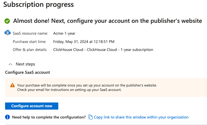 زر Configure account now في Azure Marketplace