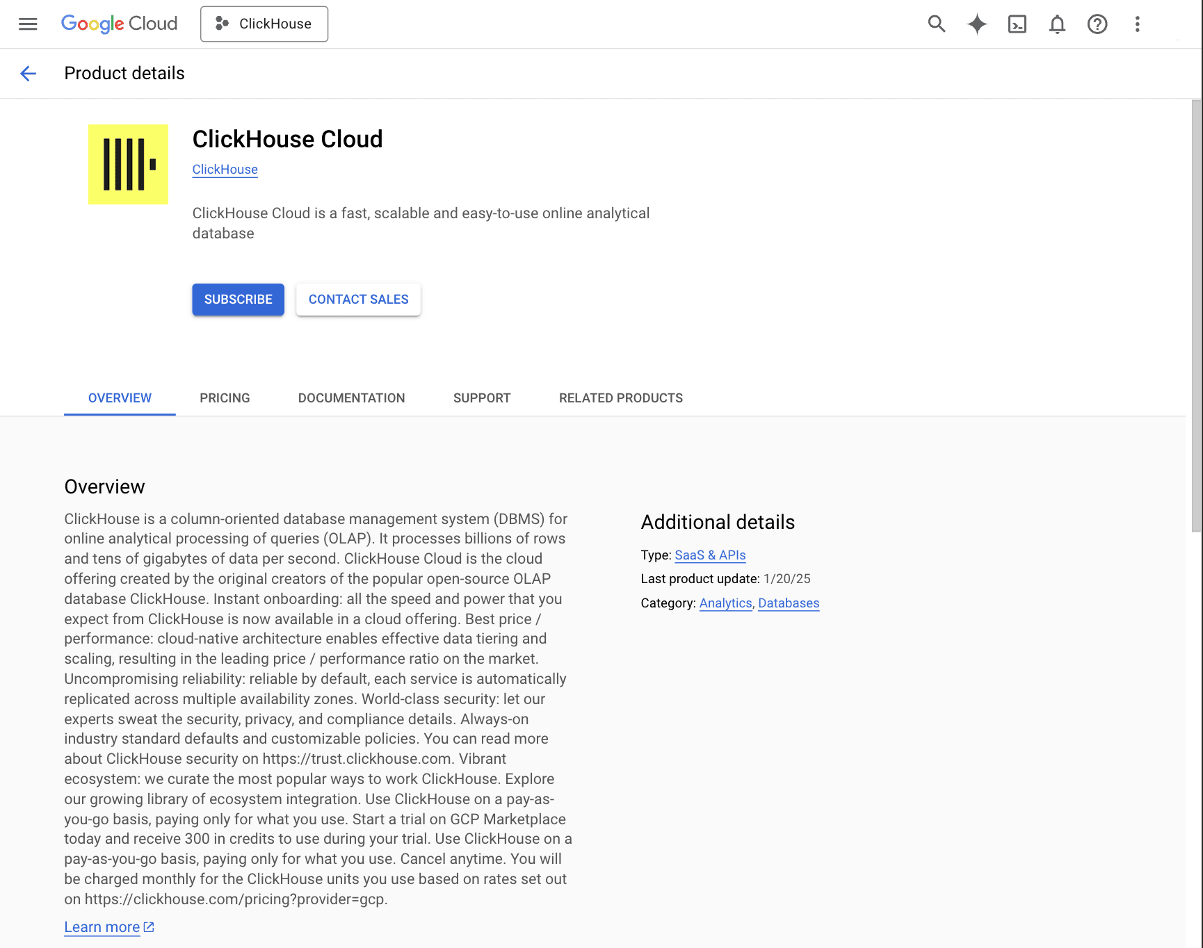 ClickHouse Cloud في GCP Marketplace