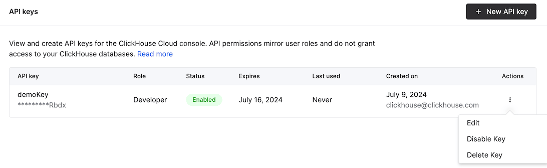 Página de administración de claves de API