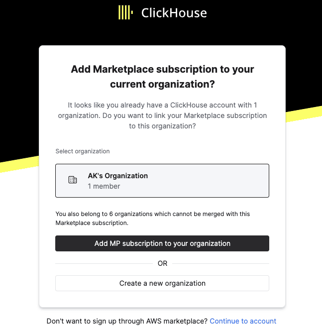 Interfaz de ClickHouse Cloud que muestra cómo añadir una suscripción de Marketplace a una organización existente