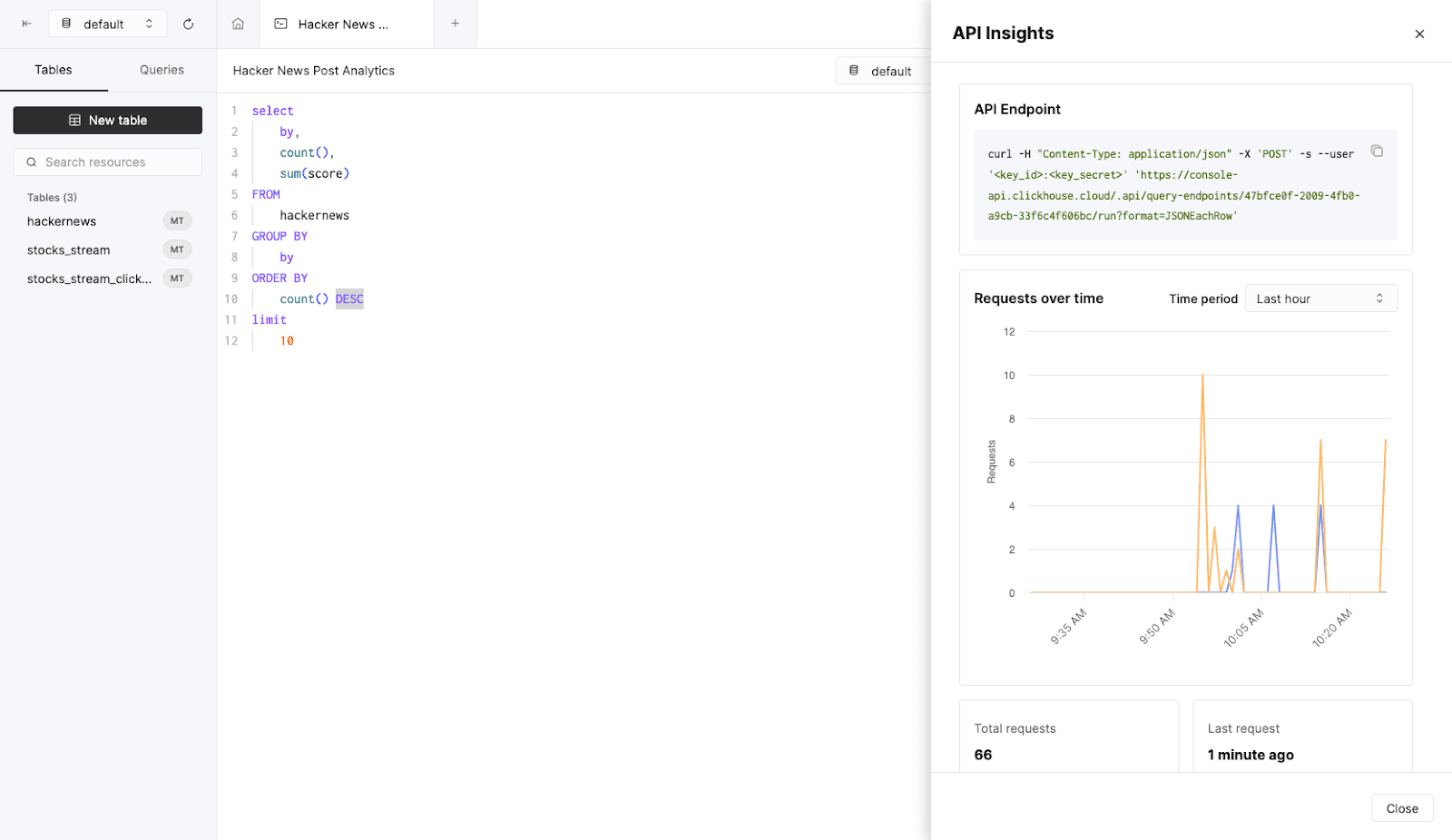 Interfaz de ClickHouse Cloud que muestra la configuración de API Endpoints con varias opciones