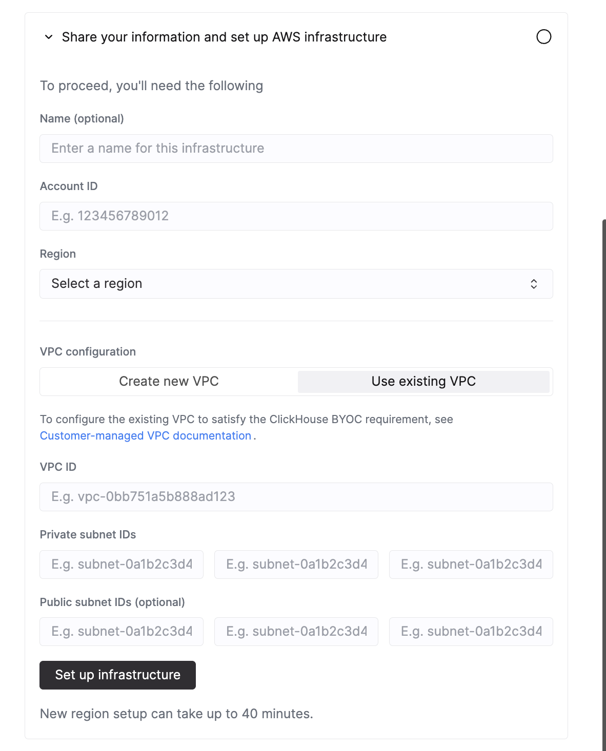 UI de configuración de BYOC de ClickHouse Cloud con Use existing VPC seleccionado