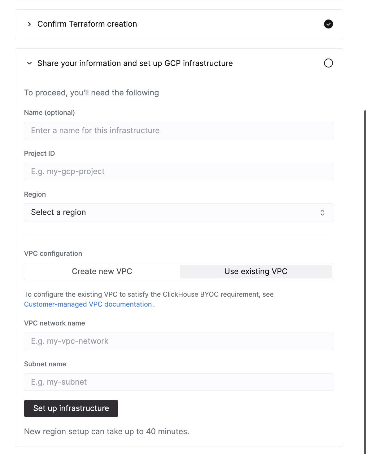 Interfaz de usuario de configuración de BYOC de ClickHouse Cloud con Use existing VPC seleccionado para GCP