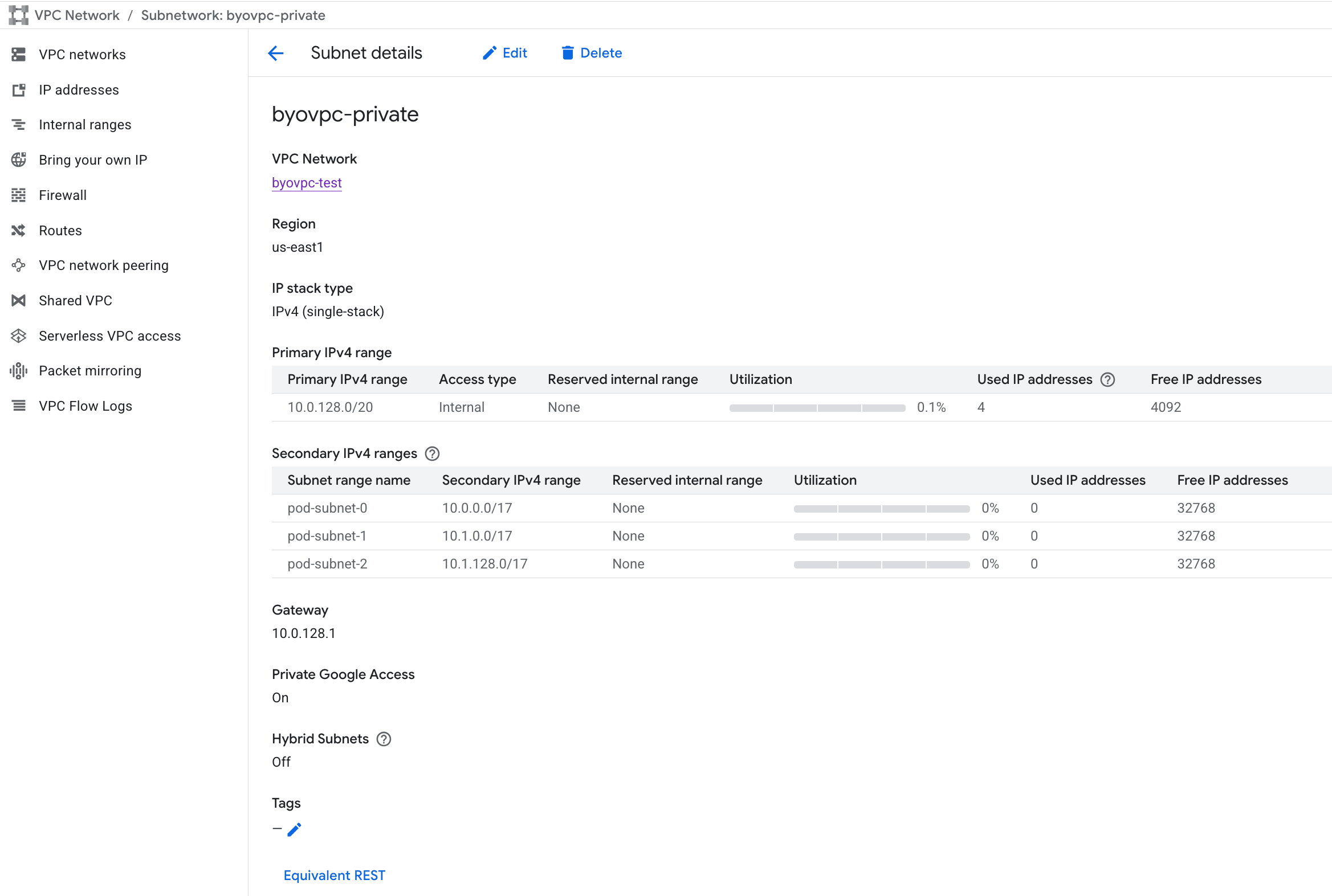 Detalles de la subred BYOC de GCP que muestran rangos IPv4 primarios y secundarios con Private Google Access habilitado