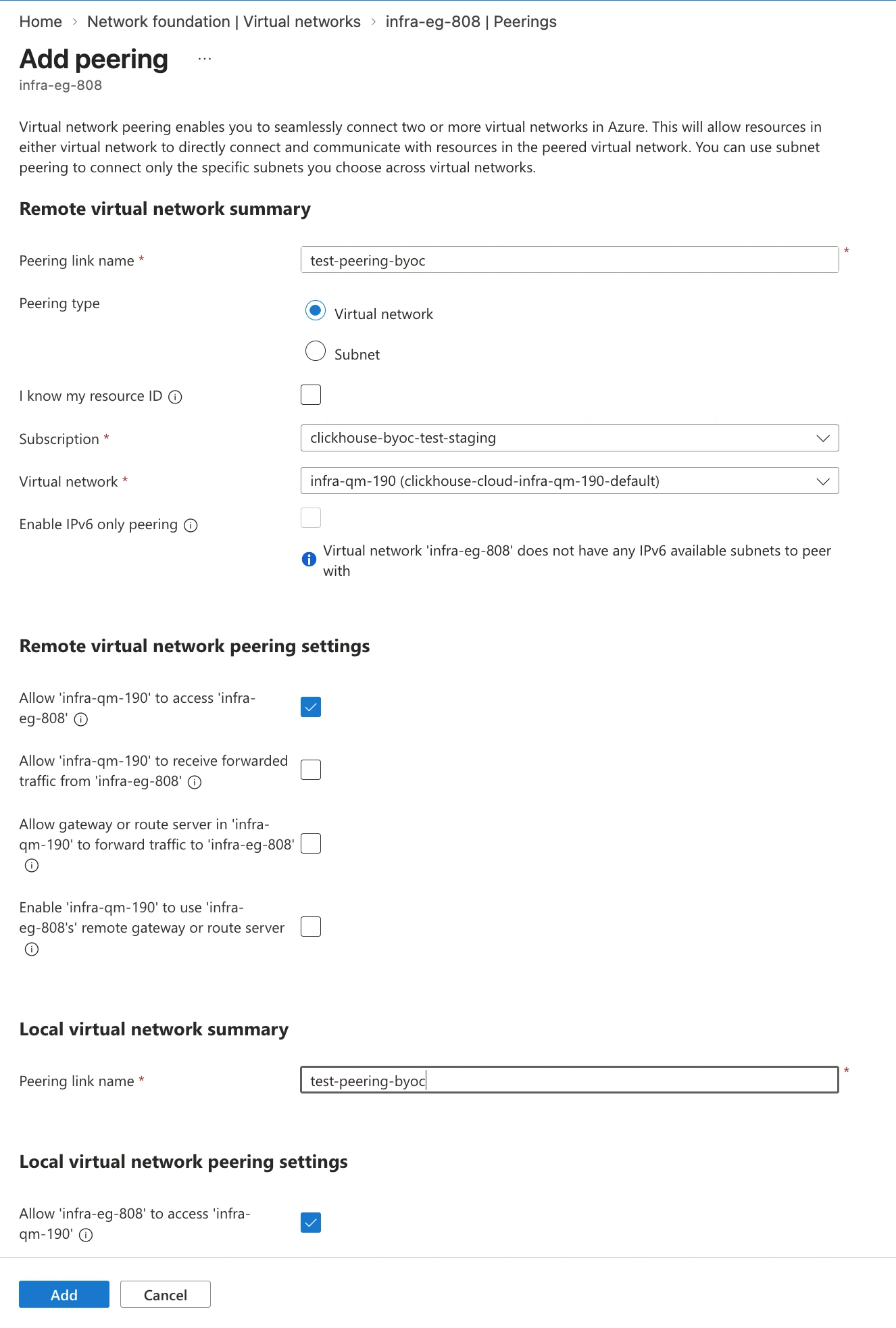 BYOC Configurar emparejamiento de VNet