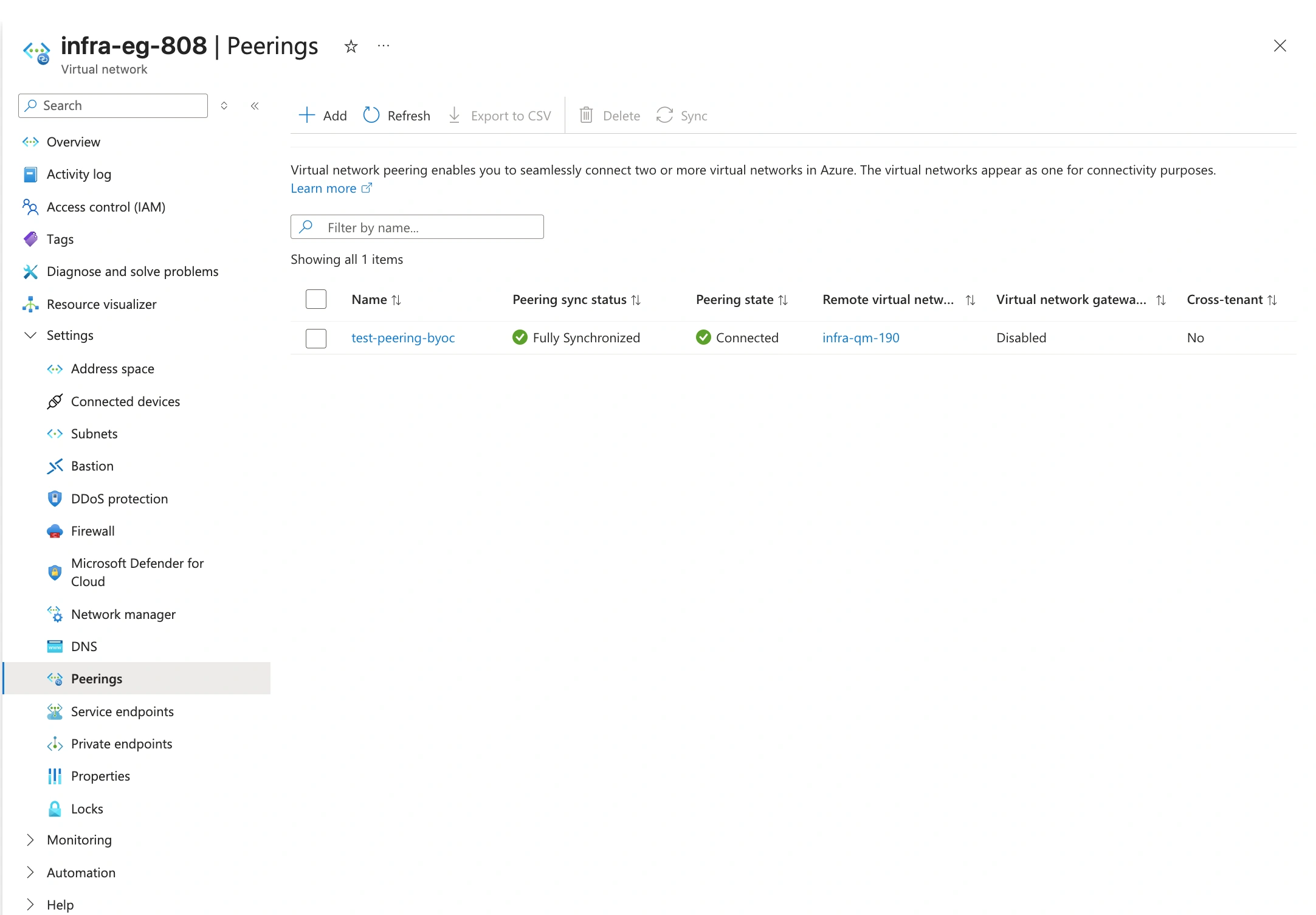 BYOC Verificar emparejamiento de VNet