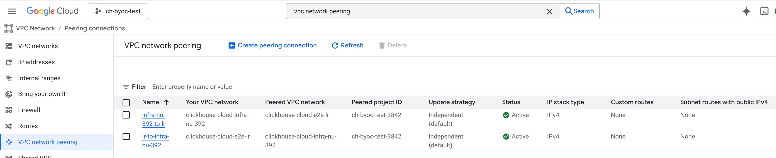 BYOC Aceptar conexión de peering