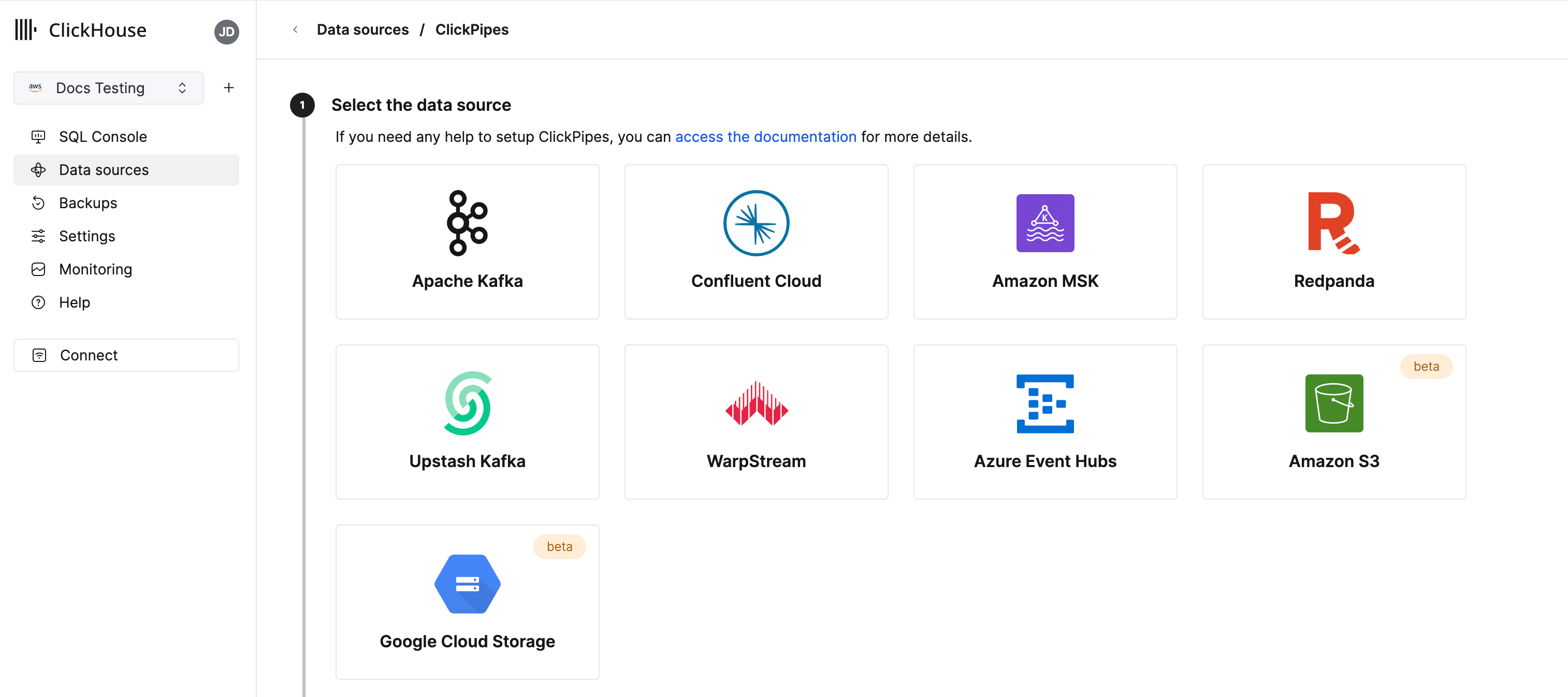 Interfaz de ClickPipes que muestra opciones de configuración para cargar datos desde buckets de S3 y GCS