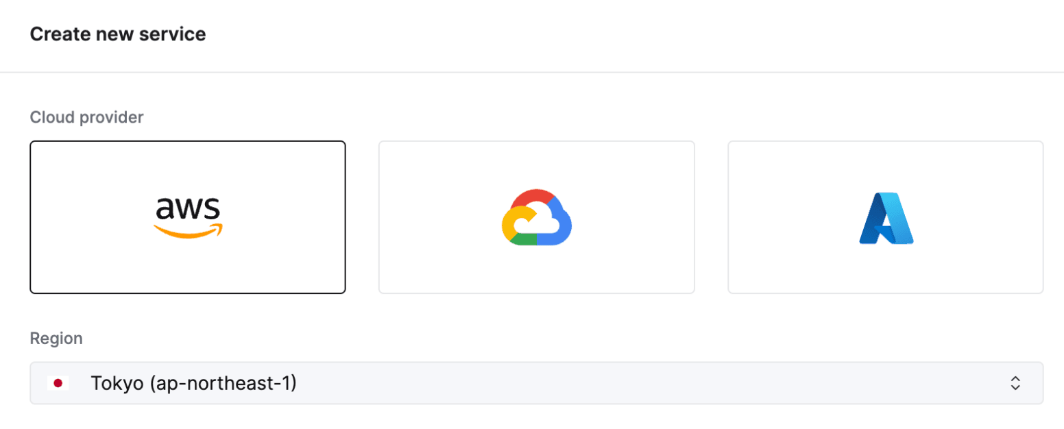 Interfaz de creación de un servicio de ClickHouse Cloud que muestra la selección de la región de Tokio