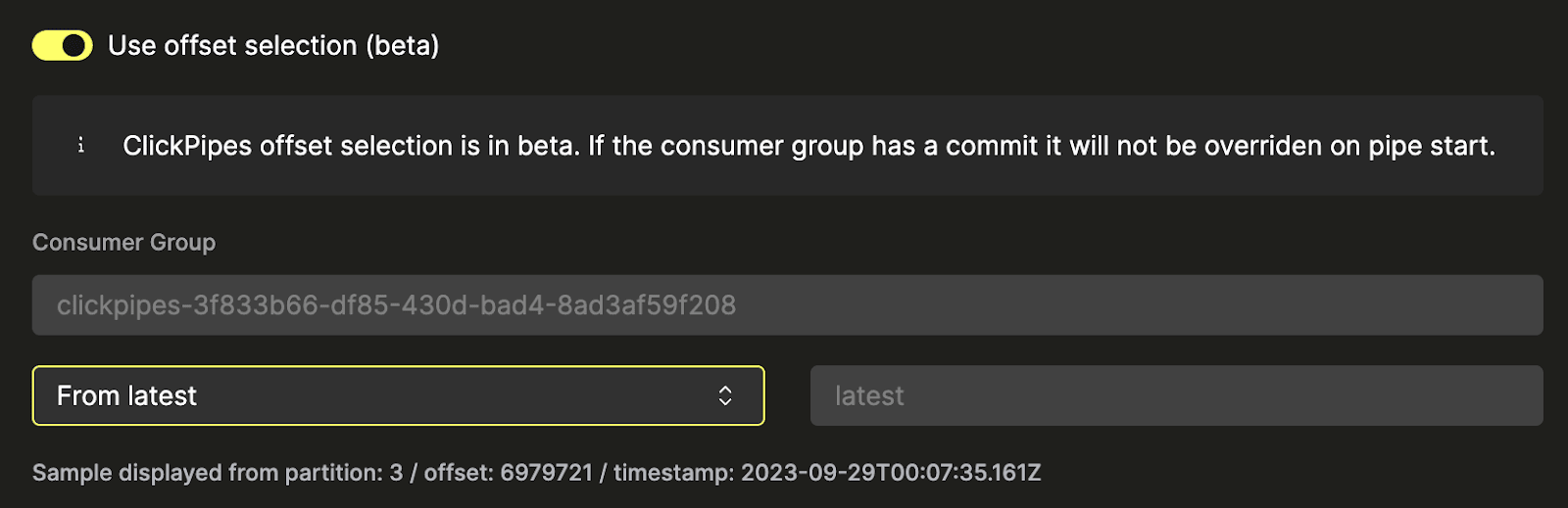 Interfaz de configuración del conector Kafka de ClickPipes que muestra opciones de selección de offset