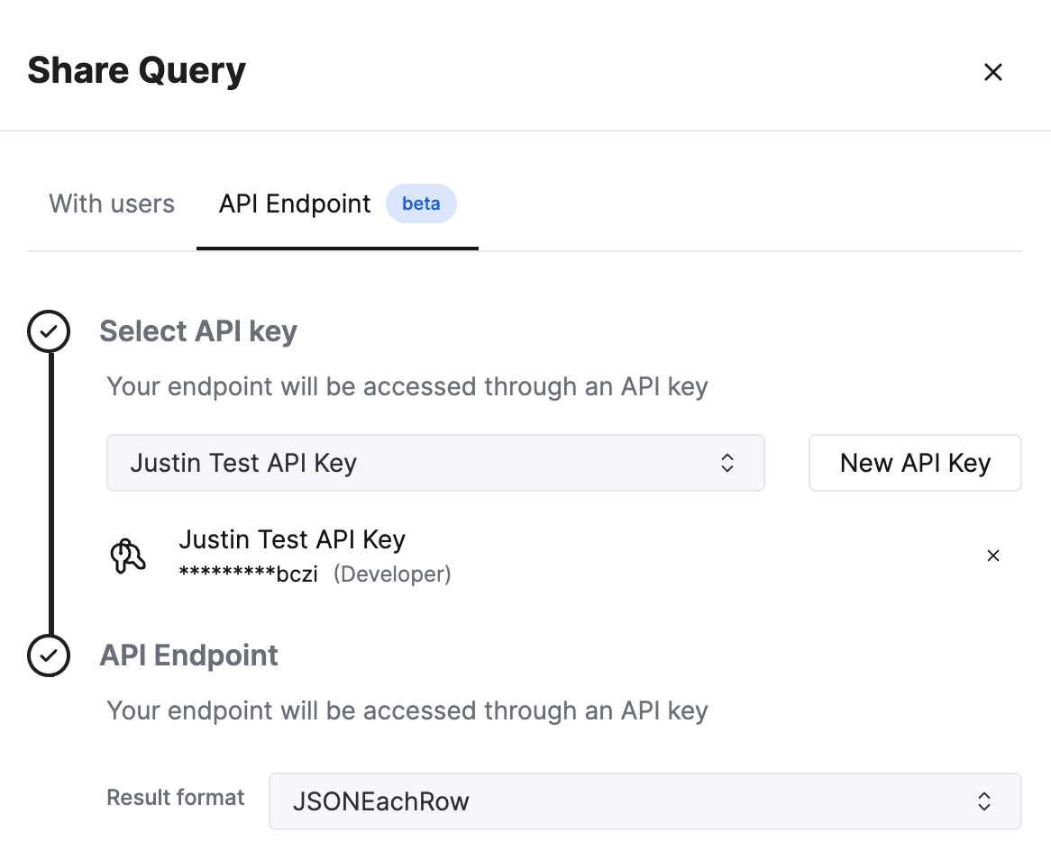 Interfaz de ClickHouse Cloud que muestra la configuración de Query Endpoints con opciones de formato de salida