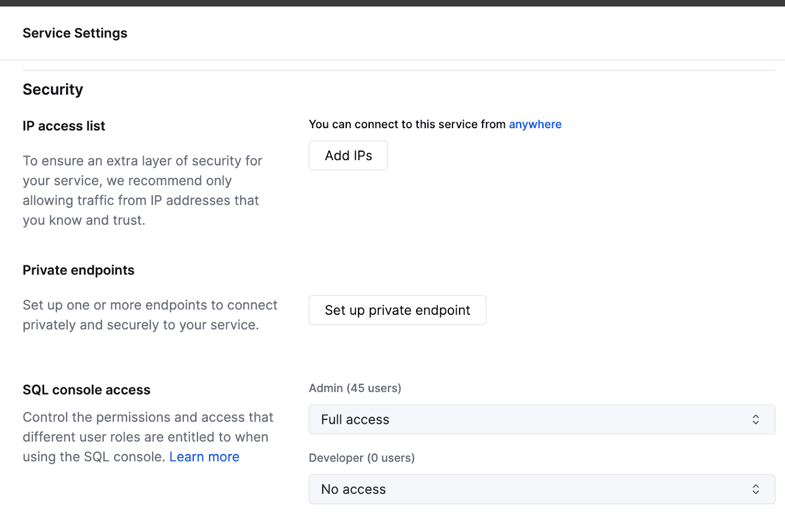 Consola de ClickHouse Cloud que muestra la interfaz de configuración de endpoints privados en la configuración de seguridad