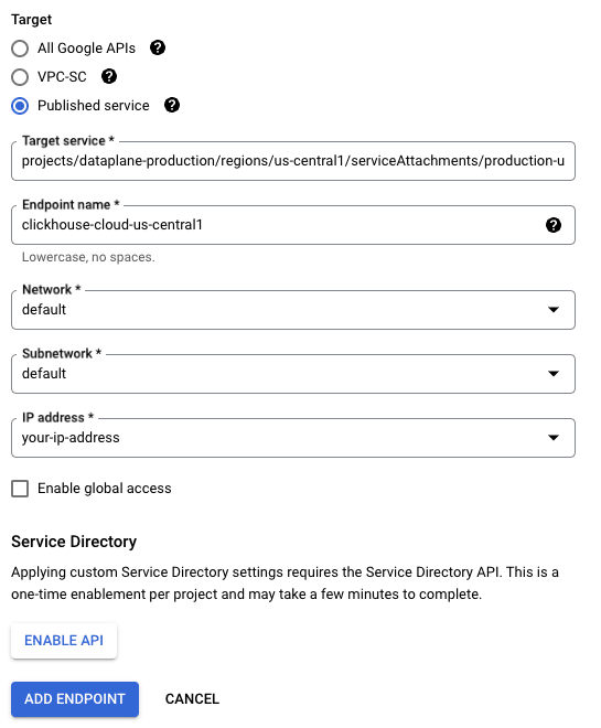 Habilitar acceso global para Private Service Connect