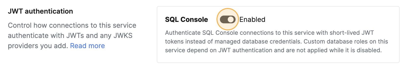 Tarjeta de autenticación con JWT con el interruptor SQL Console habilitado