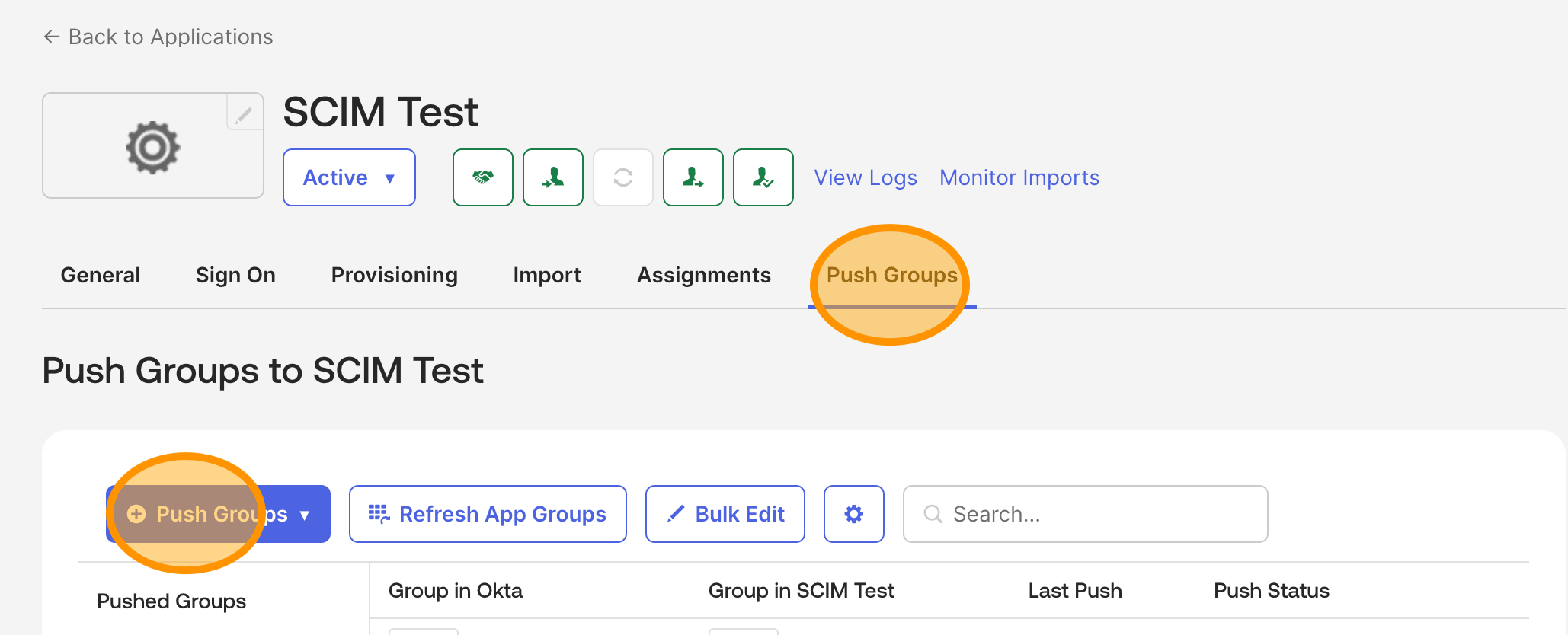 إعداد Group Push بالاسم في علامة التبويب Push Groups الخاصة بالتطبيق