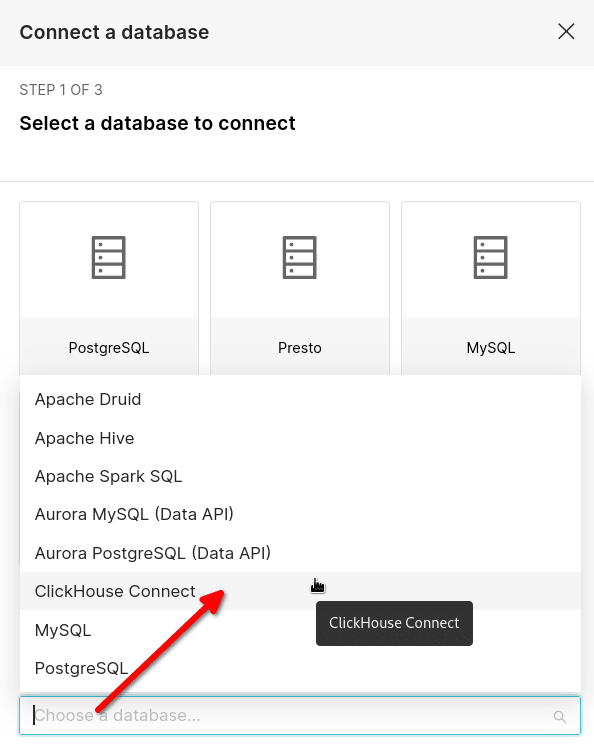 Elegir ClickHouse Connect como tipo de base de datos