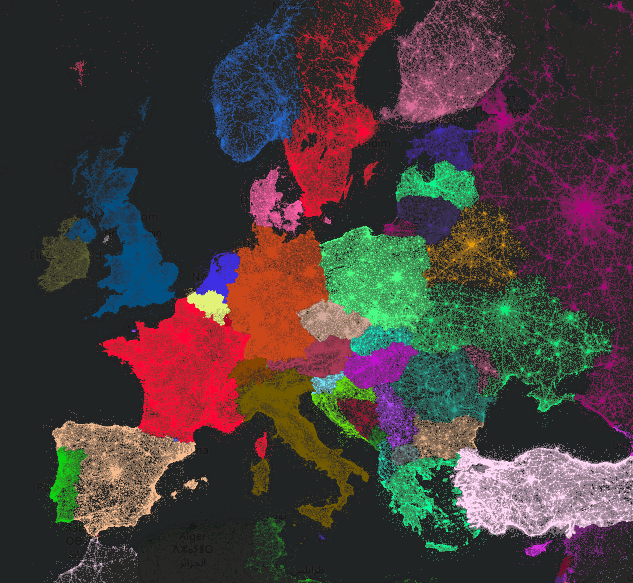 Mapa de Europa con puntos de interés clasificados por país