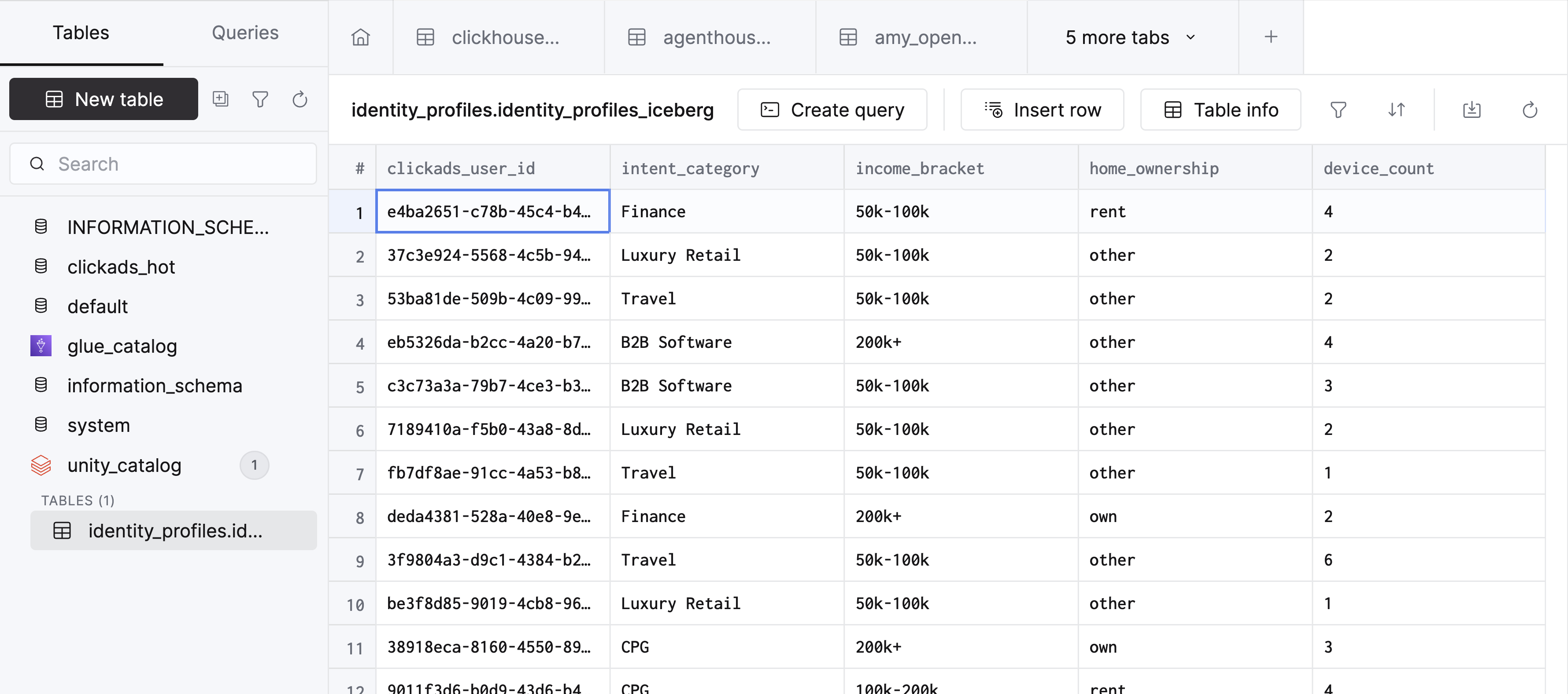 Explorador de tablas de la consola SQL que muestra las tablas del catálogo