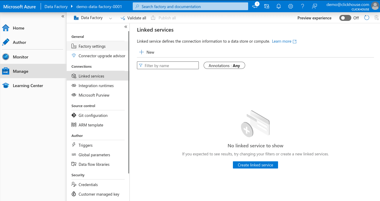 Кнопка New связанной службы в Azure Data Factory