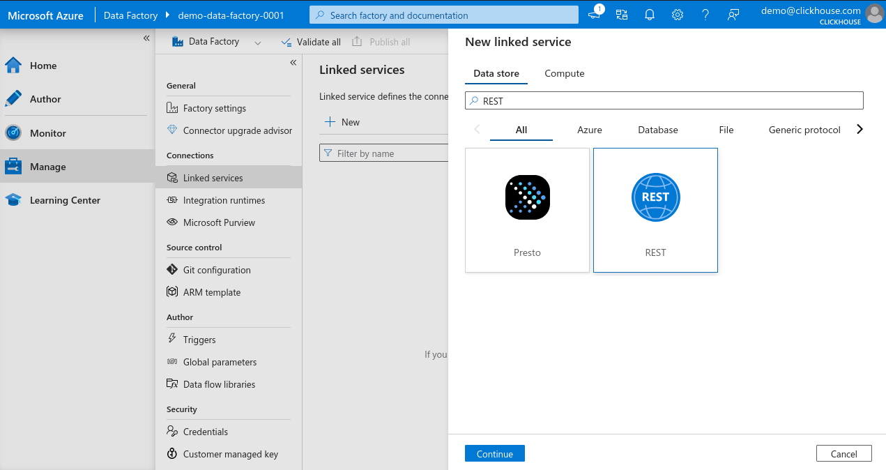Поиск New связанной службы в Azure Data Factory